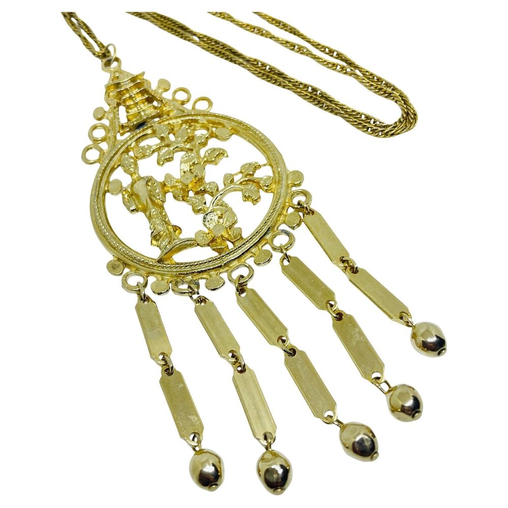 Vintage gold tone Asian geisha pagoda designer chain pendant necklace